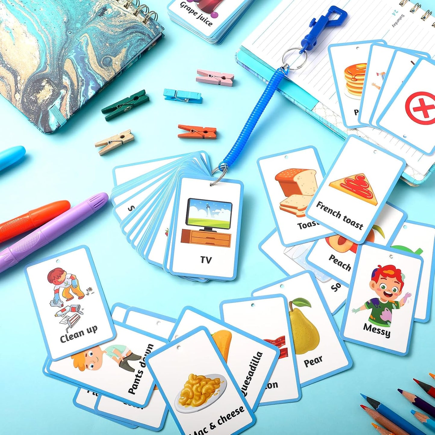 Autism Behaviour Communication Cards Set Basic Special Needs for Autism Including 81 Cards, 1 Keychain, and 6 Card Rings, Speech Delay Visual Aid Non Verbal Speech Tools for Adults(Blue)