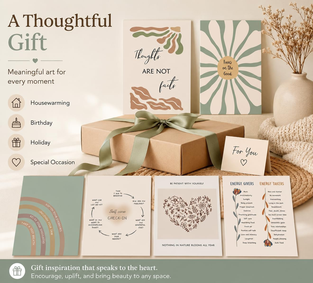 Set of 6 Mental Health Motivational Posters - Boho-Inspired Psychology Wall Art for Classroom, Office, and Home Décor - Inspirational Positive Quotes Canvas Prints (8x10 Inches, Unframed)