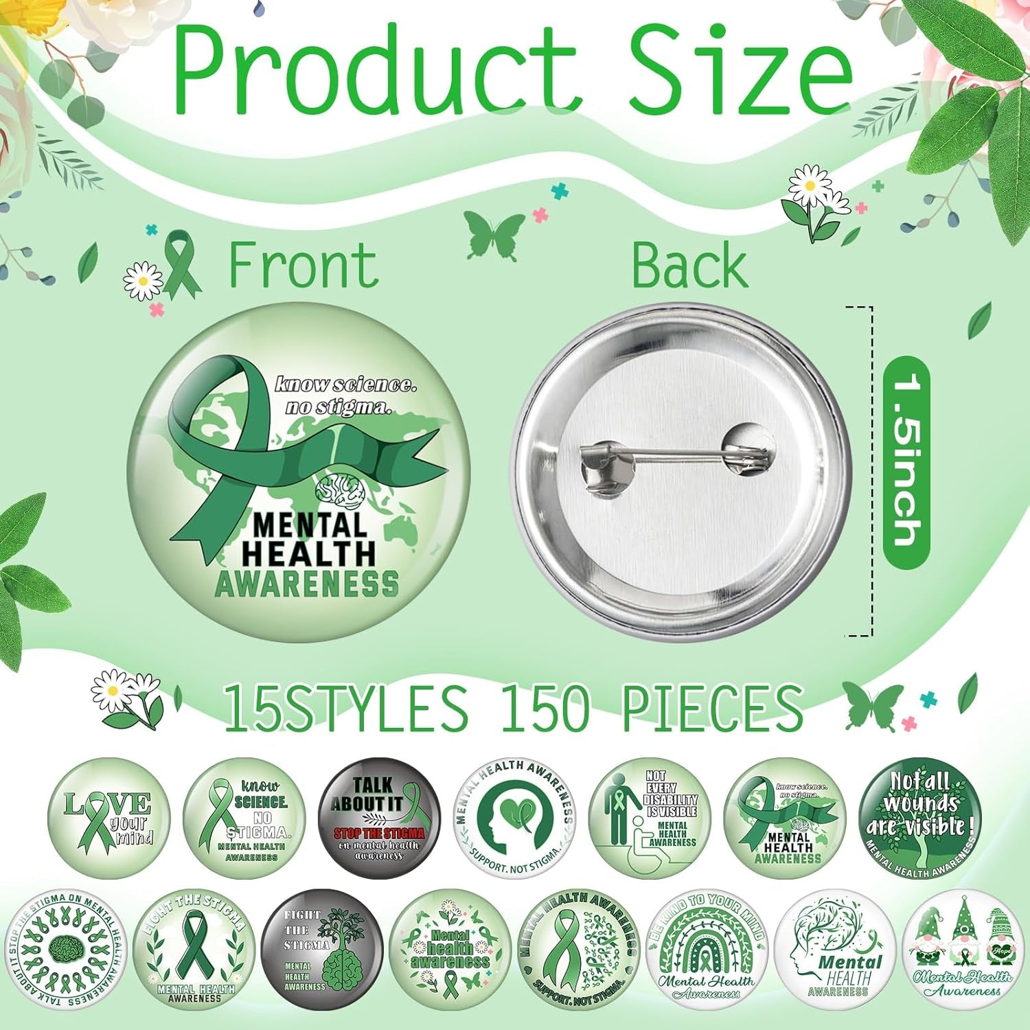 150 Pieces Mental Health Awareness Mini Buttons Novelty Mental Health Gifts Mental Health Pins Bulk for Children Teens Adults Jewelry Mental Health Awareness Items Party Favors, 15 Styles