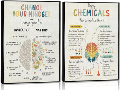Set of 2 Motivational Wall Art Prints for Mental Health: "Happy Chemicals" Canvas Decor for Therapy Offices and Counseling Centers, 12x16 Inches (Unframed)
