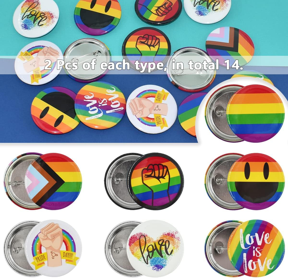 14Pcs LGBTQ Pride Pride Rainbow Brooch round Badge Button Pin 1.7 Inch/44Mm for Decorate Hat Shirt Clothing Bag Accessories 7 Different Patterns