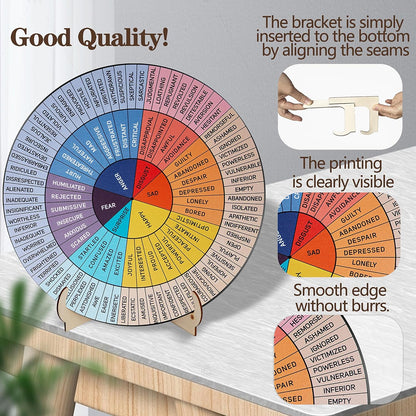 Large Double-Sided Feelings Wheel for Therapy Offices - 9.7-Inch Wooden Emotion Chart with Stand, Ideal for Mental Health and Educational Settings