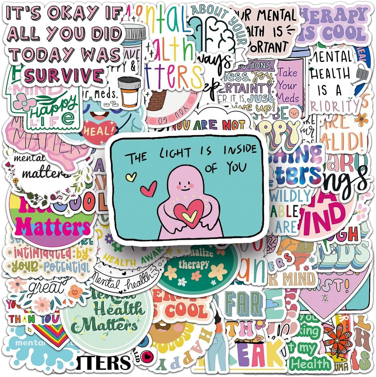 100Pcs Mental Health Stickers,Mental Health Matters Awareness Vinyl Laptops Decals Kids Teens Adults Gifts Therapist Water Bottles Bumper Helmet Book Decorative Doctor Reward Stickers