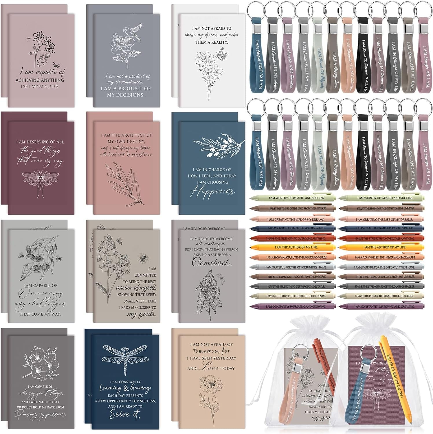 24-Piece Positive Affirmation Gift Set: Gratitude Notebooks, Pens, Keychains, and Small Bags - Motivational Party Favors for Adult Women, Coworkers, and Employee Groups (Floral Design)