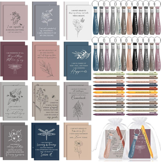 24-Piece Positive Affirmation Gift Set: Gratitude Notebooks, Pens, Keychains, and Small Bags - Motivational Party Favors for Adult Women, Coworkers, and Employee Groups (Floral Design)