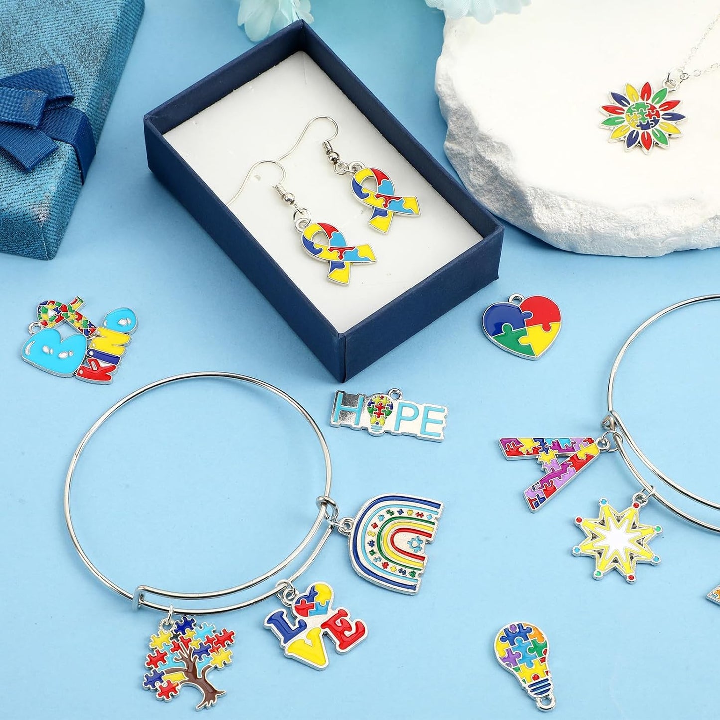 110Pcs Autism Awareness Charms, 55 Pairs Enamel Autism Awareness Jewelry Charms for Bracelets Earrings Necklace DIY Crafts Keychains Making