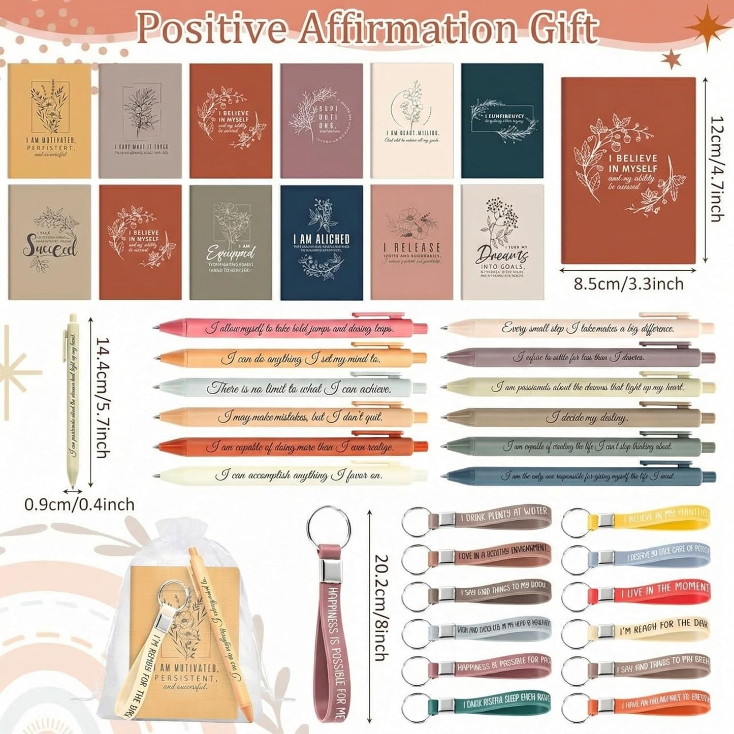 48-Piece Positive Affirmation Gift Set: Gratitude Notebooks, Pens, Keychains, and Small Bags - Motivational Party Favors for Adult Women, Coworkers, and Employee Groups (Vibrant)