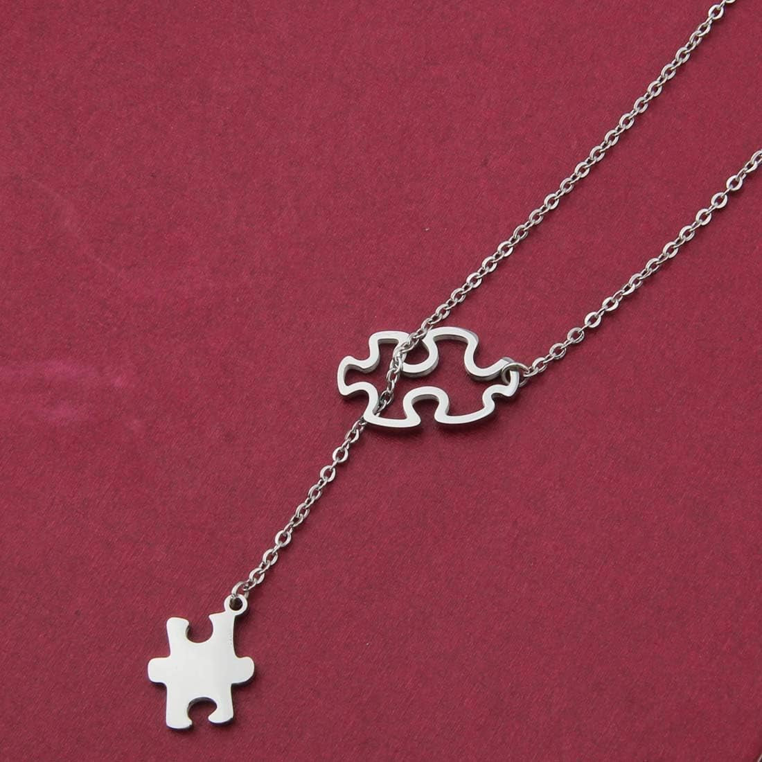 Autism Awareness Puzzle Lariat Necklace Motivational Autism Gift (Silver Y Necklace)