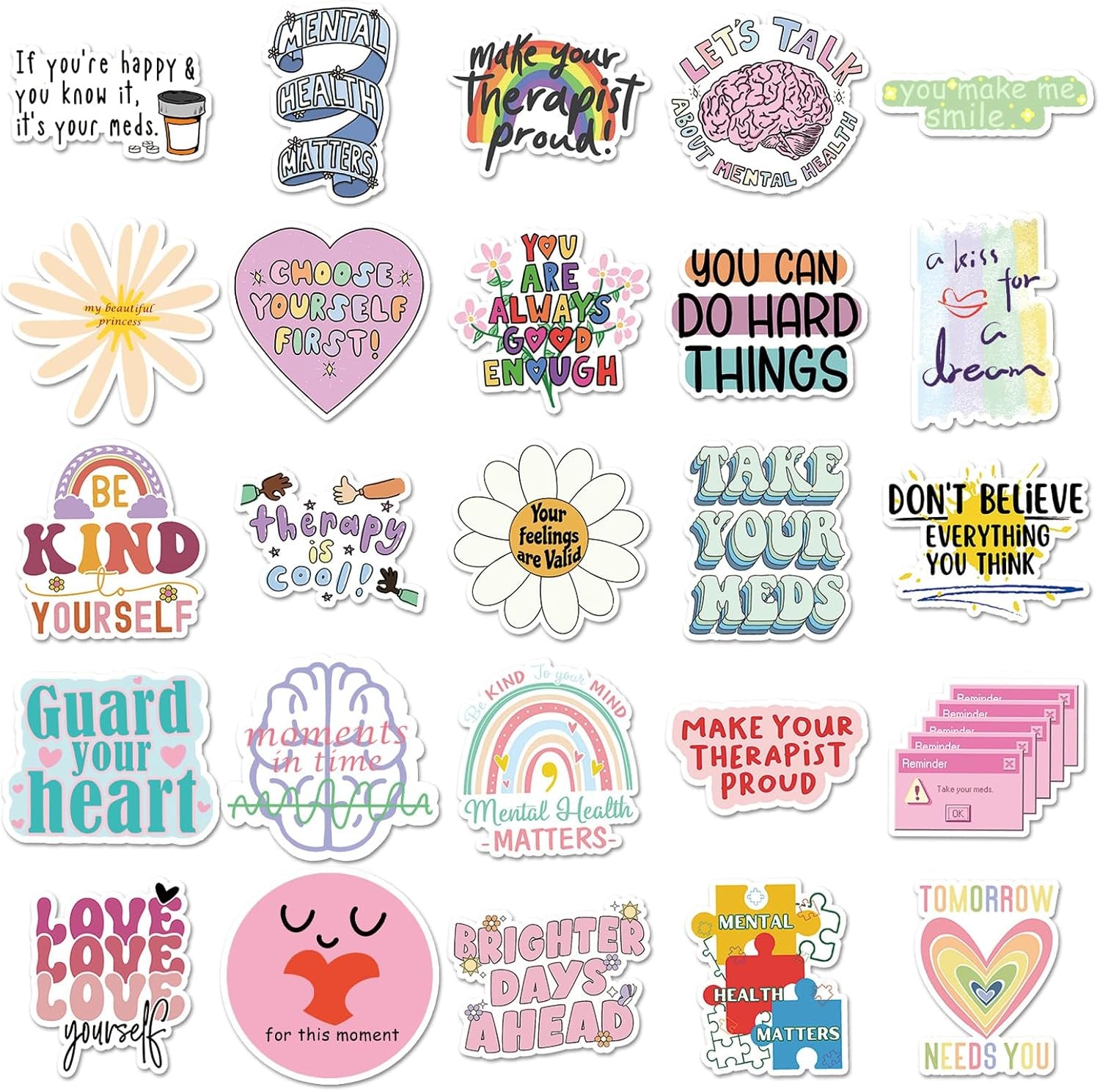 100Pcs Mental Health Stickers,Mental Health Matters Awareness Vinyl Laptops Decals Kids Teens Adults Gifts Therapist Water Bottles Bumper Helmet Book Decorative Doctor Reward Stickers