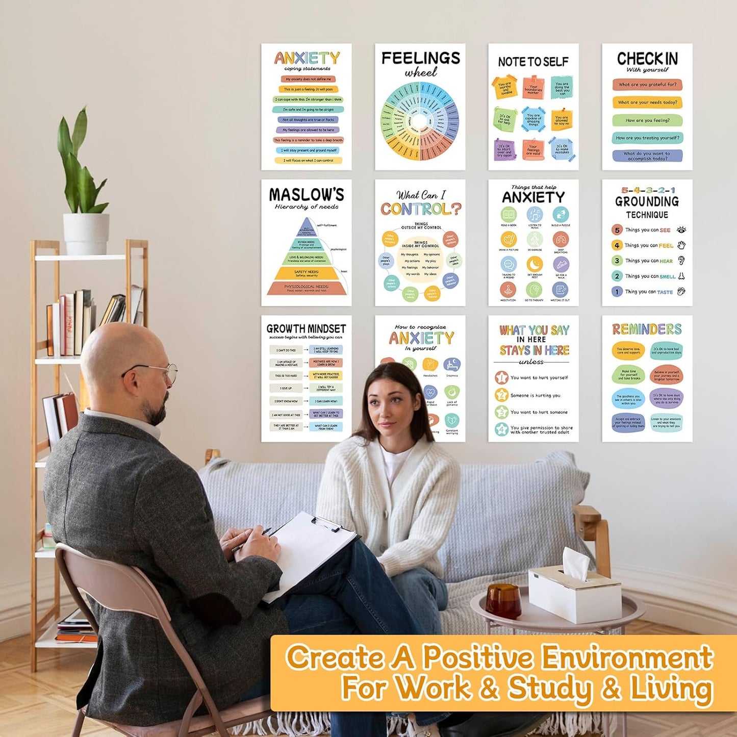 12Pcs Mental Health Posters, Therapy Office Decor, Counseling Office Must Haves School Counselor Supplies, Mental Health Wall Art Decor Home Office Classroom Inspirational Positive Poster (10"X14")