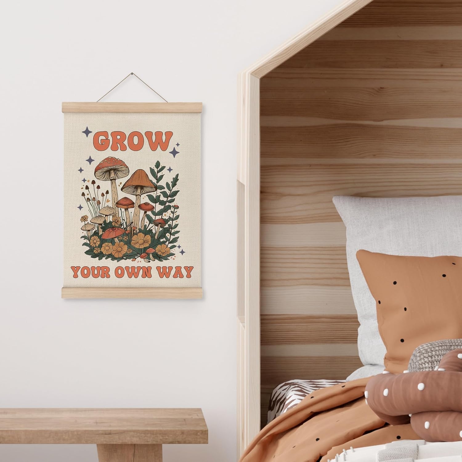 Mushroom Poster Framed with Wood Hanger, Mental Health Posters Wall Art, Inspirational Wall Decor, Mushroom Flower Canvas Wall Art for Mental Health Decor 12X16 Inch