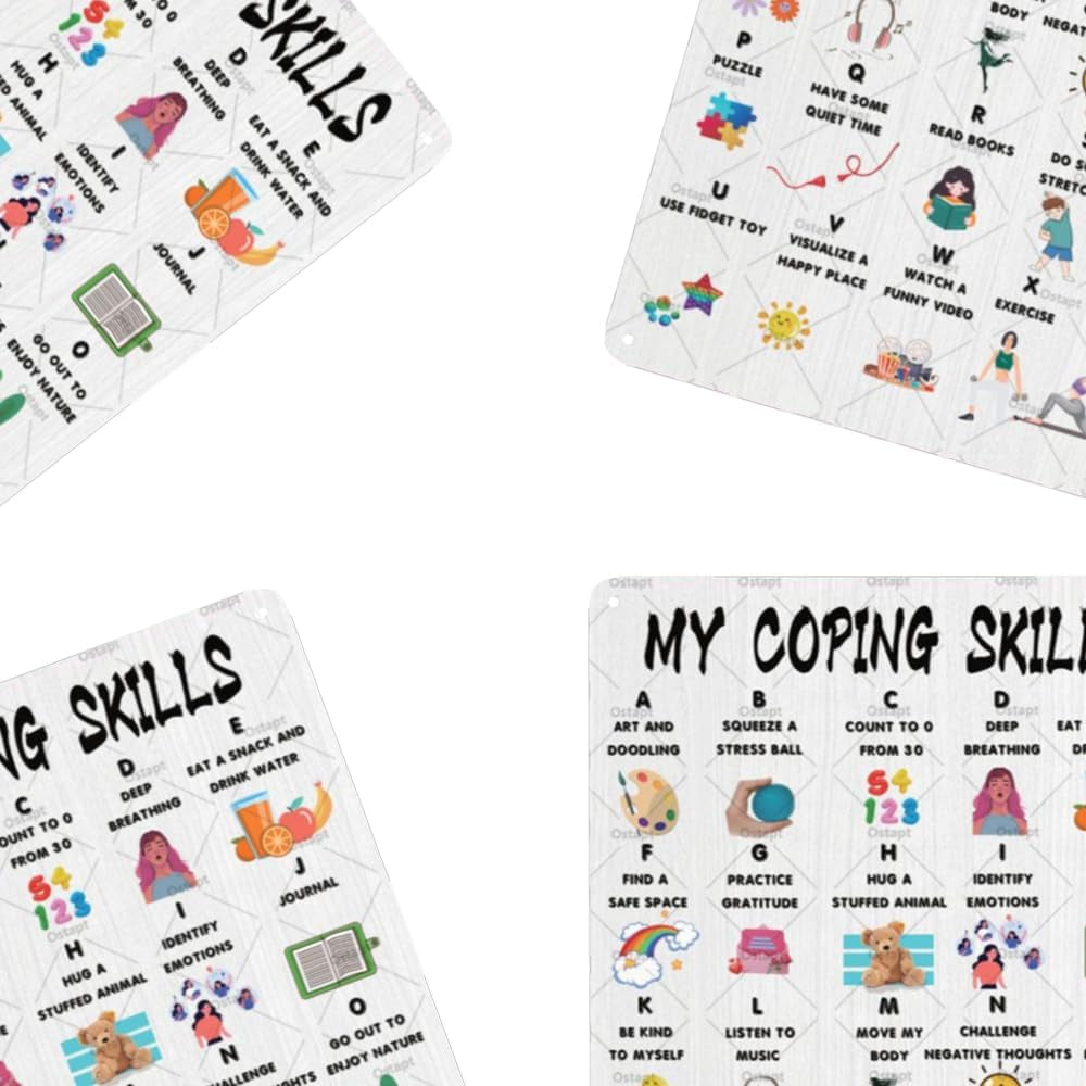 Coping Skills Decor Sign Coping Skills Alphabet School Psychologist Wall Decor Counselling Psychologist CBT Metal Tin Sign Mental Health Wall Art for Counseling Counselor Therapist 8X12 Inch