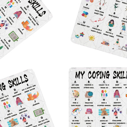 Coping Skills Decor Sign Coping Skills Alphabet School Psychologist Wall Decor Counselling Psychologist CBT Metal Tin Sign Mental Health Wall Art for Counseling Counselor Therapist 8X12 Inch