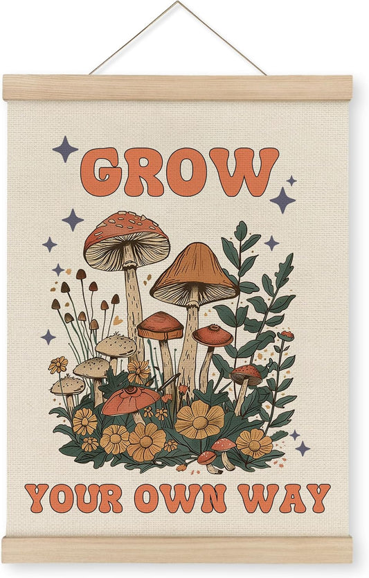 Mushroom Poster Framed with Wood Hanger, Mental Health Posters Wall Art, Inspirational Wall Decor, Mushroom Flower Canvas Wall Art for Mental Health Decor 12X16 Inch