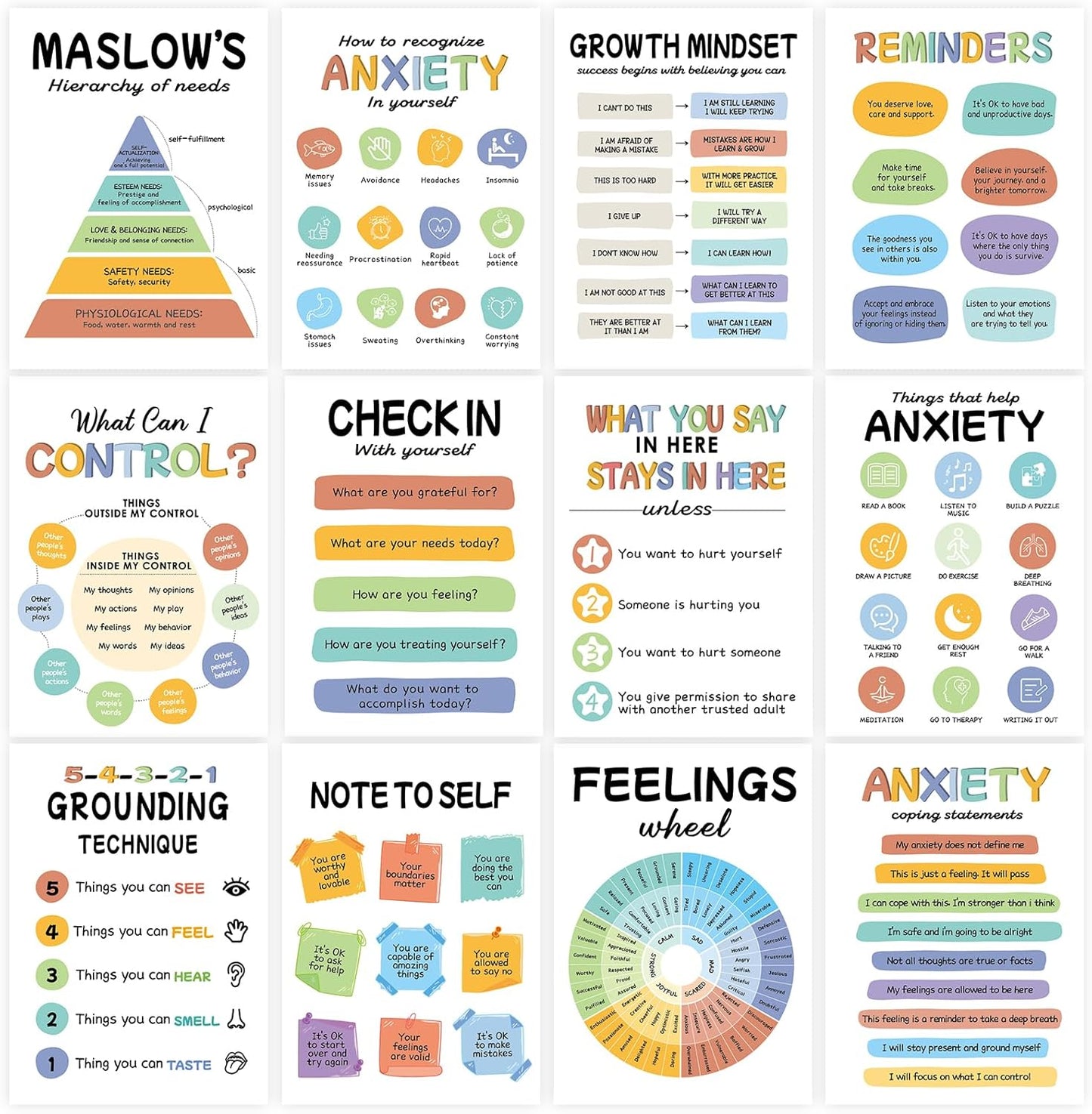 12Pcs Mental Health Posters, Therapy Office Decor, Counseling Office Must Haves School Counselor Supplies, Mental Health Wall Art Decor Home Office Classroom Inspirational Positive Poster (10"X14")