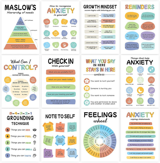 12Pcs Mental Health Posters, Therapy Office Decor, Counseling Office Must Haves School Counselor Supplies, Mental Health Wall Art Decor Home Office Classroom Inspirational Positive Poster (10"X14")