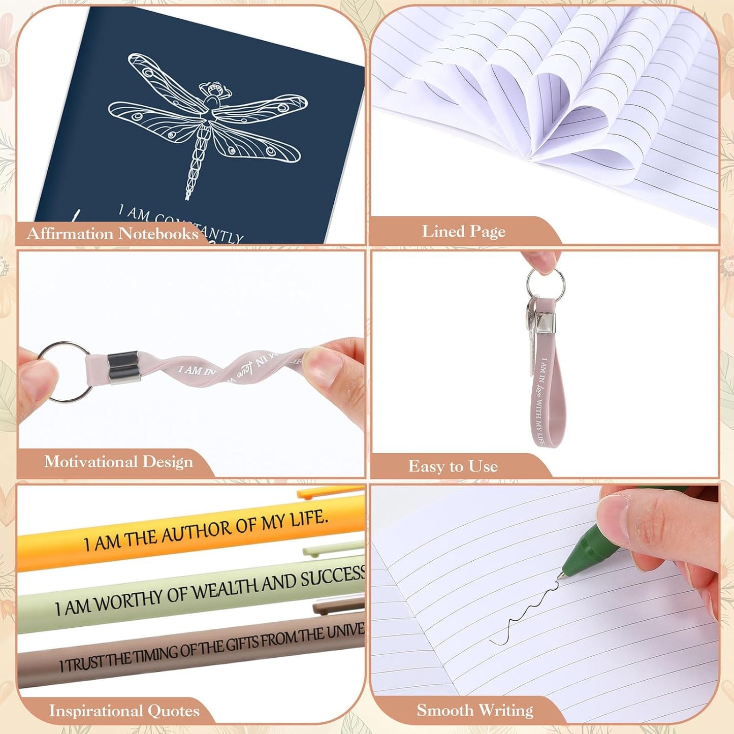 24-Piece Positive Affirmation Gift Set: Gratitude Notebooks, Pens, Keychains, and Small Bags - Motivational Party Favors for Adult Women, Coworkers, and Employee Groups (Floral Design)