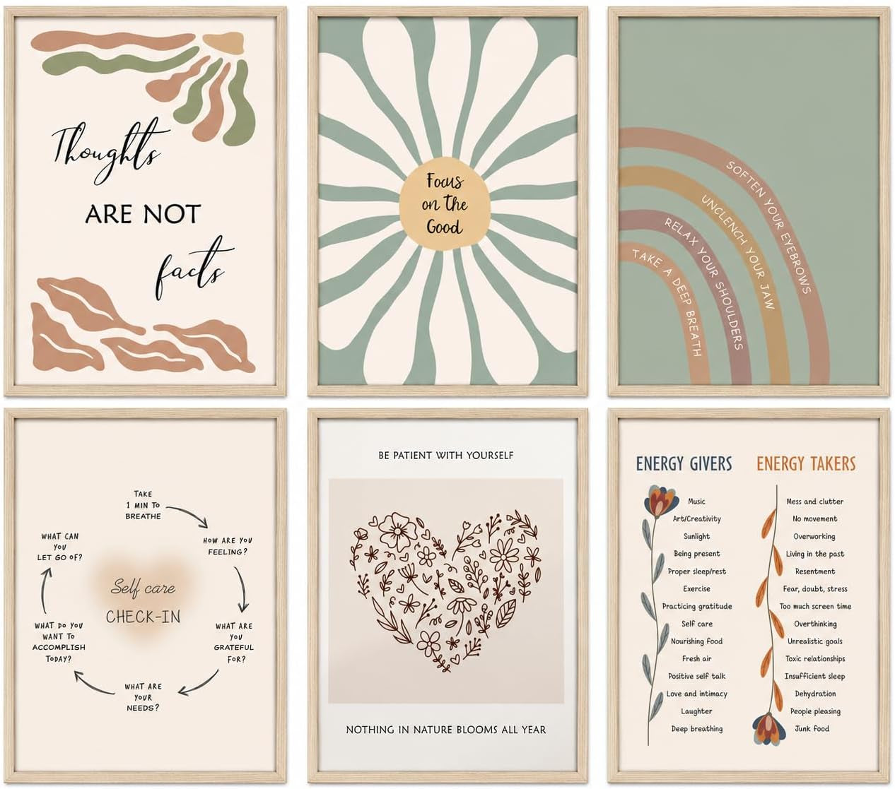 Set of 6 Mental Health Motivational Posters - Boho-Inspired Psychology Wall Art for Classroom, Office, and Home Décor - Inspirational Positive Quotes Canvas Prints (8x10 Inches, Unframed)