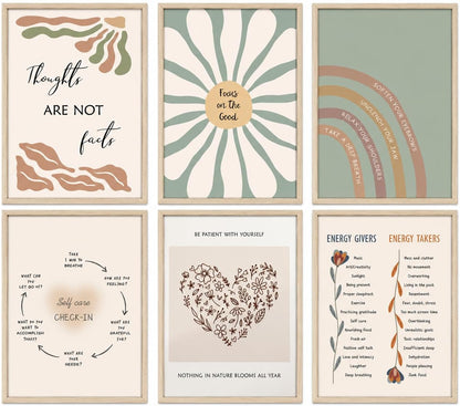Set of 6 Mental Health Motivational Posters - Boho-Inspired Psychology Wall Art for Classroom, Office, and Home Décor - Inspirational Positive Quotes Canvas Prints (8x10 Inches, Unframed)