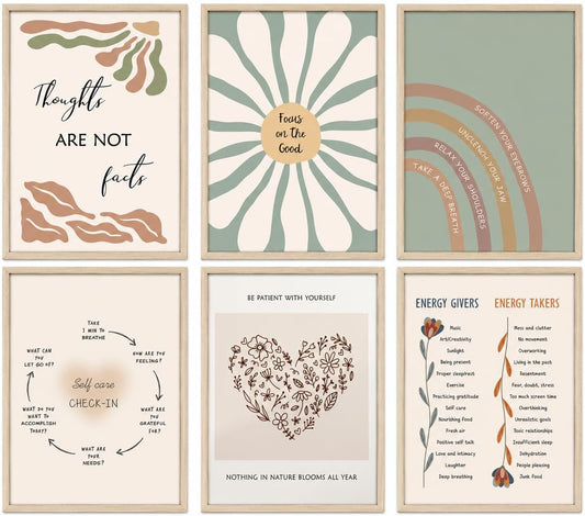 Set of 6 Mental Health Motivational Posters - Boho-Inspired Psychology Wall Art for Classroom, Office, and Home Décor - Inspirational Positive Quotes Canvas Prints (8x10 Inches, Unframed)