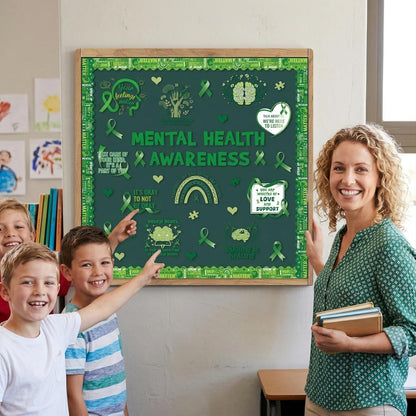 Mental Health Classroom Decorations - Mental Health Awareness Bulletin Board Decorations, Positive Motivational Cutouts Therapy Bulletin Board Set, Green Ribbon School Office Wall Decor