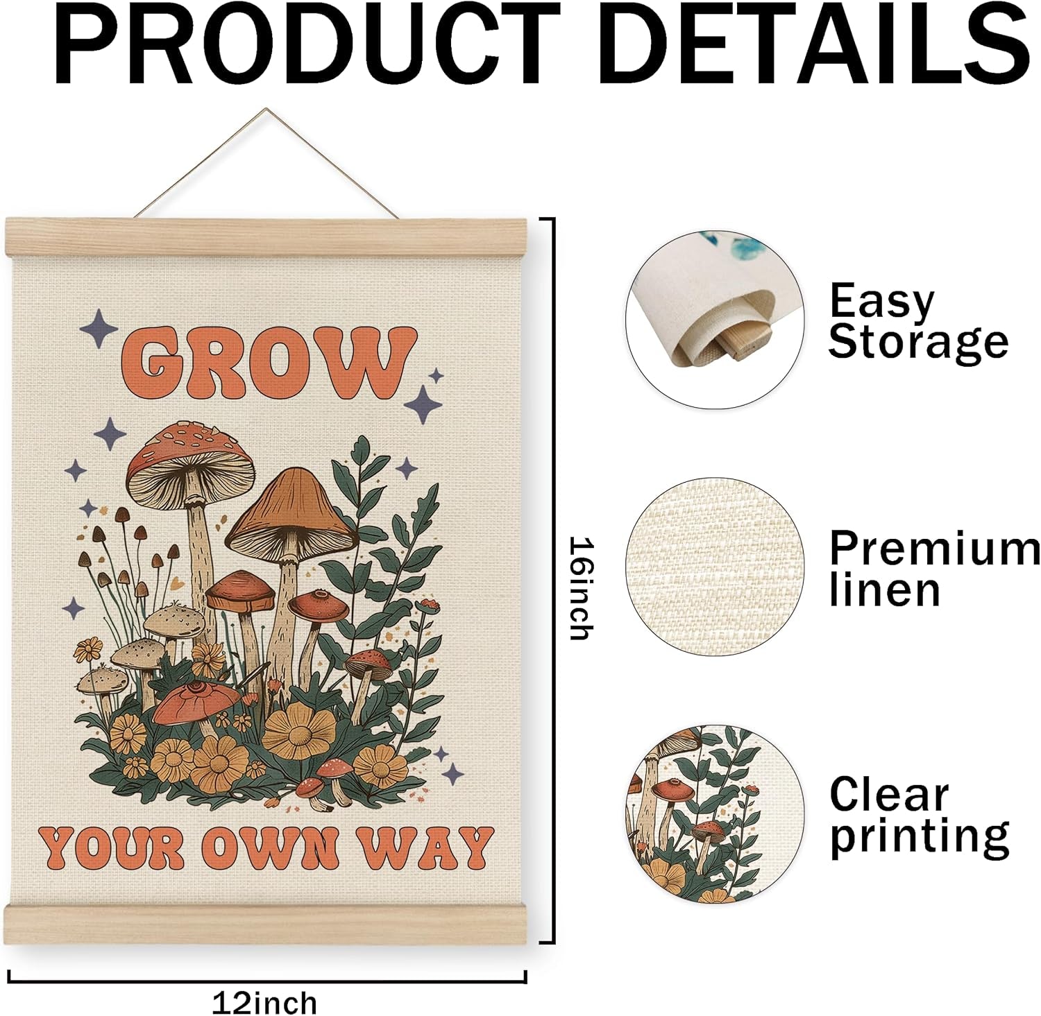 Mushroom Poster Framed with Wood Hanger, Mental Health Posters Wall Art, Inspirational Wall Decor, Mushroom Flower Canvas Wall Art for Mental Health Decor 12X16 Inch