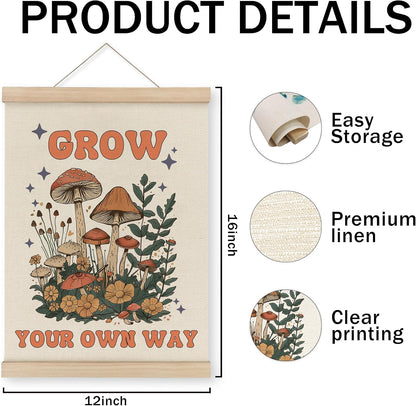 Mushroom Poster Framed with Wood Hanger, Mental Health Posters Wall Art, Inspirational Wall Decor, Mushroom Flower Canvas Wall Art for Mental Health Decor 12X16 Inch