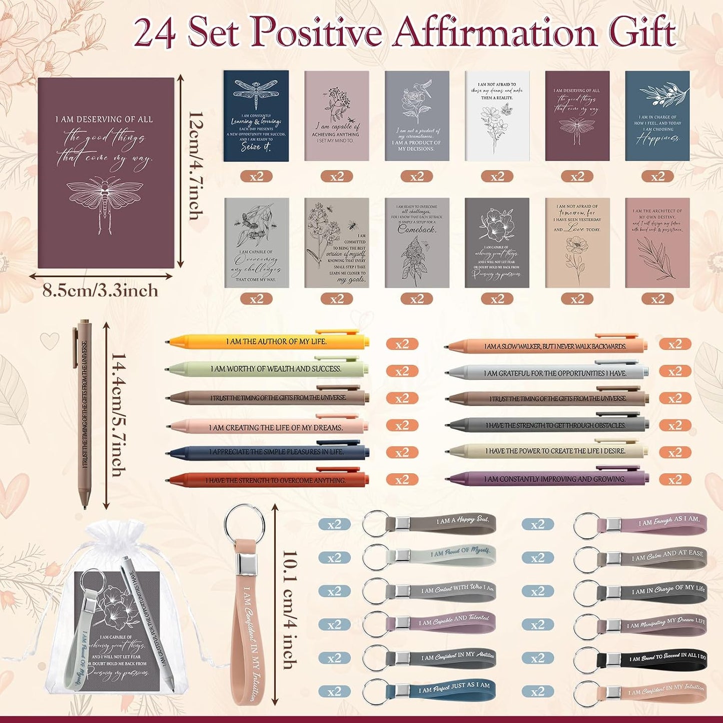 24-Piece Positive Affirmation Gift Set: Gratitude Notebooks, Pens, Keychains, and Small Bags - Motivational Party Favors for Adult Women, Coworkers, and Employee Groups (Floral Design)