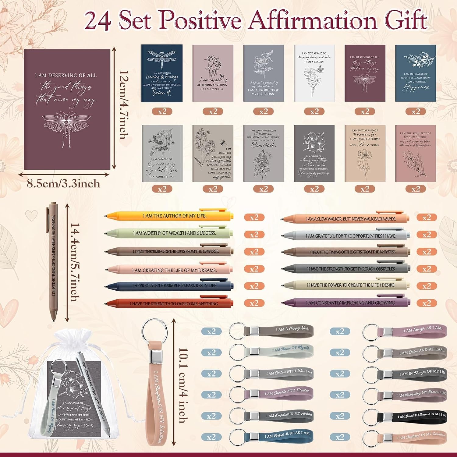 24-Piece Positive Affirmation Gift Set: Gratitude Notebooks, Pens, Keychains, and Small Bags - Motivational Party Favors for Adult Women, Coworkers, and Employee Groups (Floral Design)