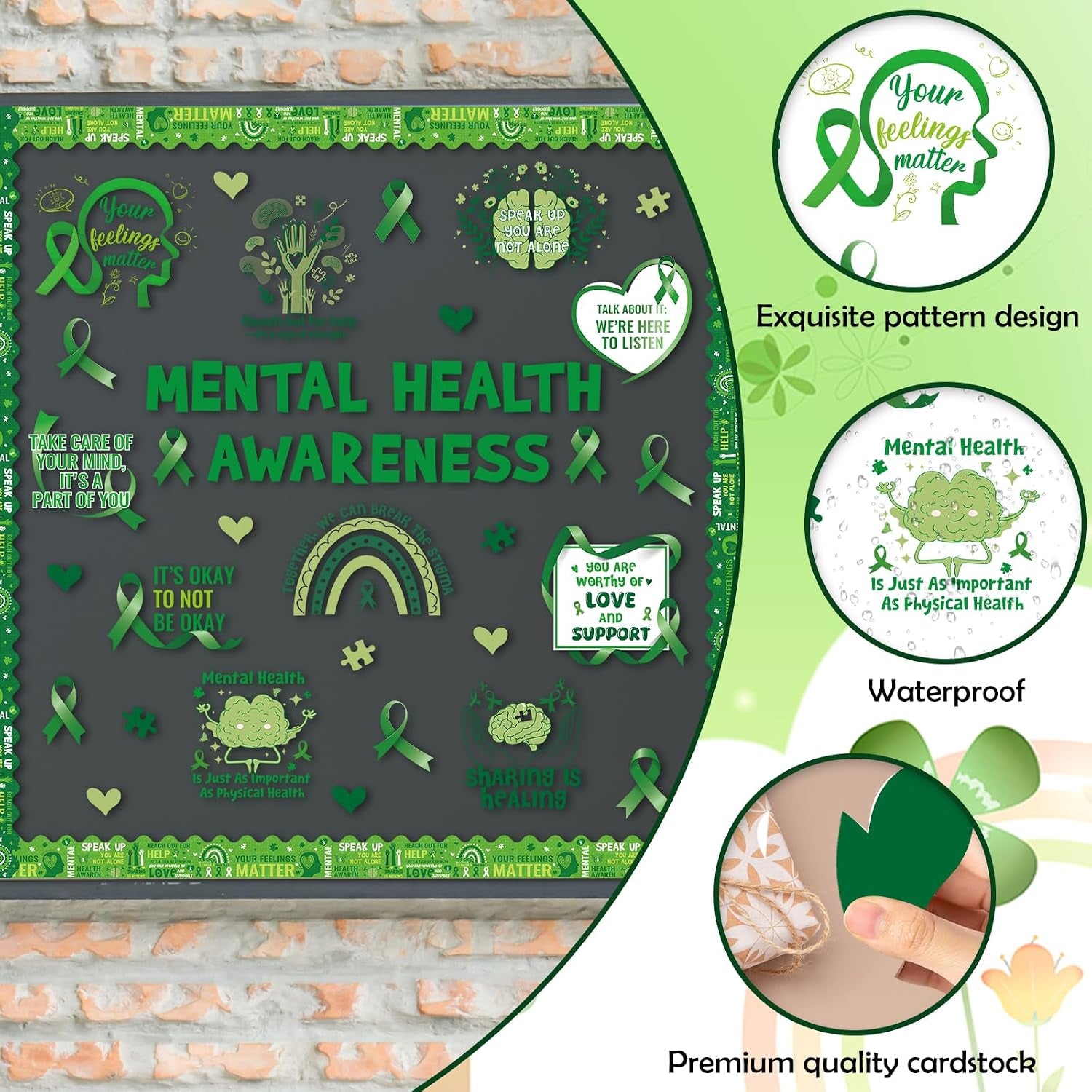 Mental Health Classroom Decorations - Mental Health Awareness Bulletin Board Decorations, Positive Motivational Cutouts Therapy Bulletin Board Set, Green Ribbon School Office Wall Decor