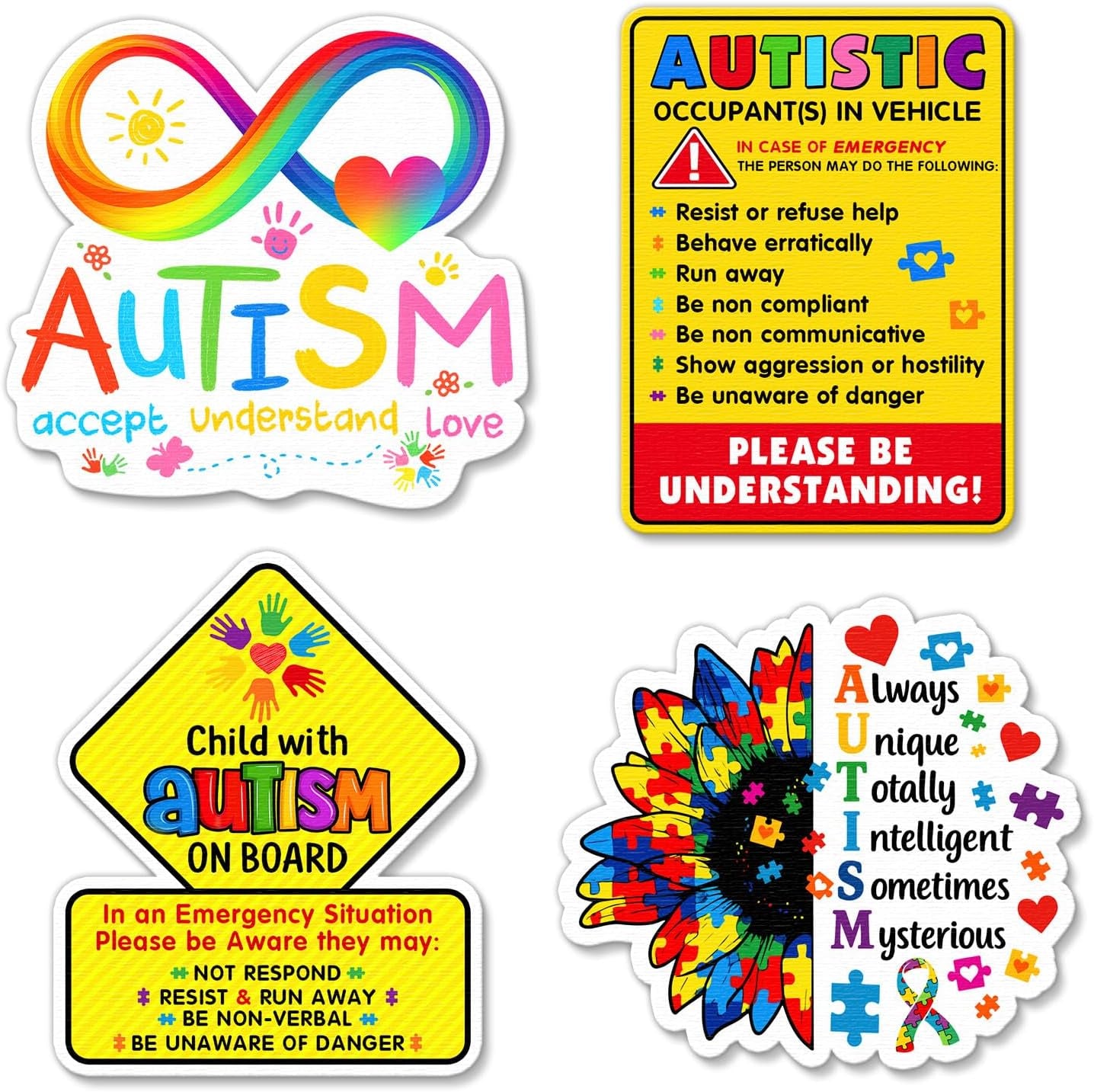 (4 Pcs) Autism Awareness Stickers - Autism Stickers for Car, Bumper, Truck, Tumbler, Laptop - Autism Decals for Car - 4 Inch Autistic Child on Board Stickers