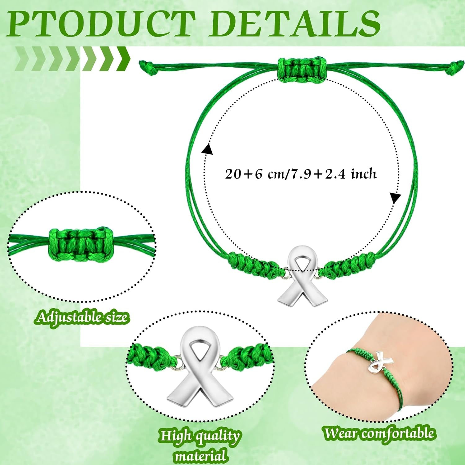 Mental Health Awareness Month Bracelets Gifts Adjustable Green Ribbon Bracelets for Men Women