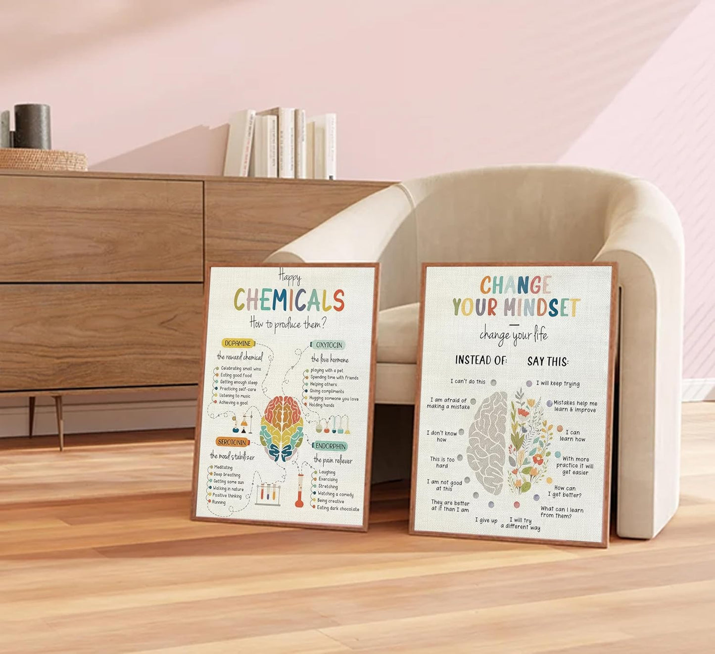 Set of 2 Motivational Wall Art Prints for Mental Health: "Happy Chemicals" Canvas Decor for Therapy Offices and Counseling Centers, 12x16 Inches (Unframed)