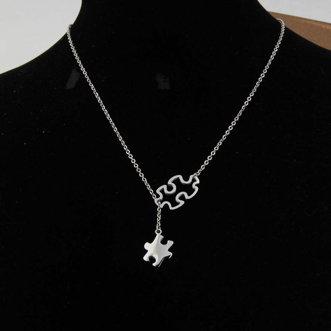 Autism Awareness Puzzle Lariat Necklace Motivational Autism Gift (Silver Y Necklace)