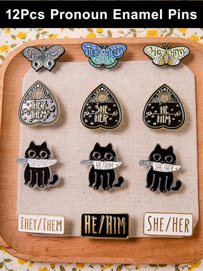 Pronoun Enamel Pins Set of 12 – Collectible Metal Lapel Pins for Backpacks, Jackets, Hats & More – He/Him, She/Her, They/Them Pins – Unique Gift for Pride, Allies & Pin Collectors