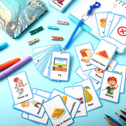 Autism Behaviour Communication Cards Set Basic Special Needs for Autism Including 81 Cards, 1 Keychain, and 6 Card Rings, Speech Delay Visual Aid Non Verbal Speech Tools for Adults(Blue)