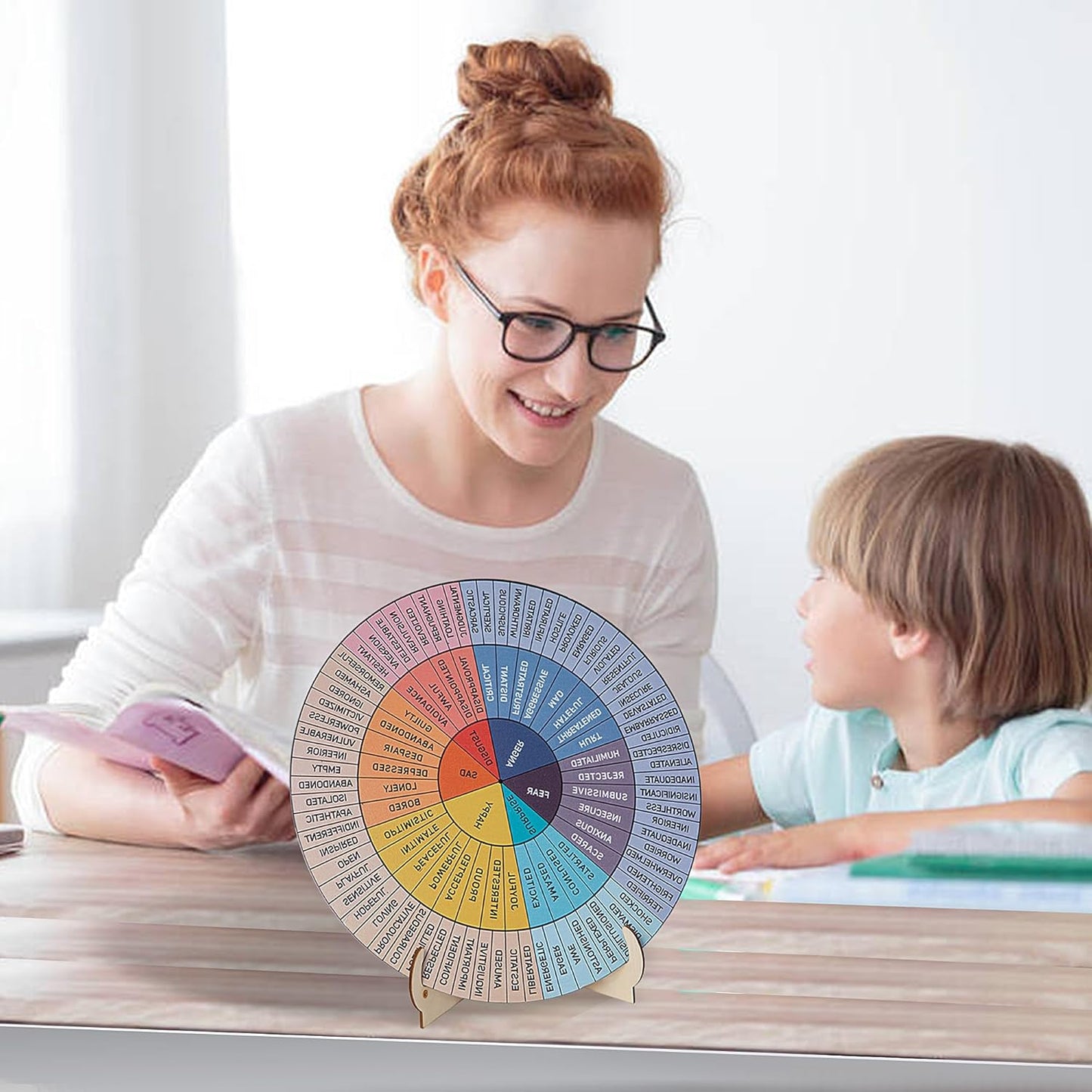 Large Double-Sided Feelings Wheel for Therapy Offices - 9.7-Inch Wooden Emotion Chart with Stand, Ideal for Mental Health and Educational Settings