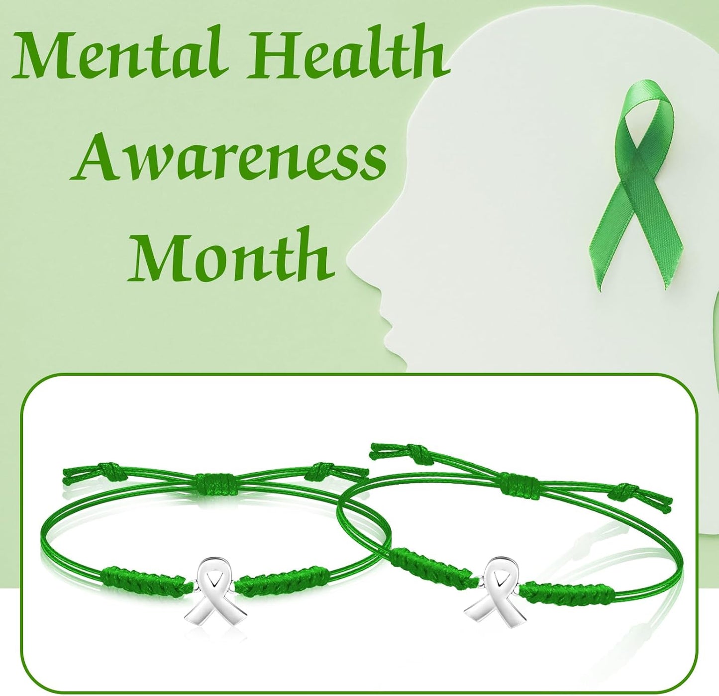 Mental Health Awareness Month Bracelets Gifts Adjustable Green Ribbon Bracelets for Men Women