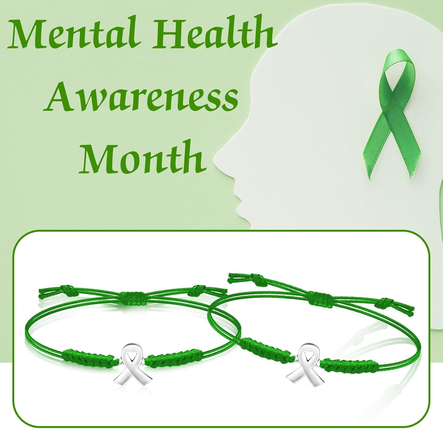 Mental Health Awareness Month Bracelets Gifts Adjustable Green Ribbon Bracelets for Men Women