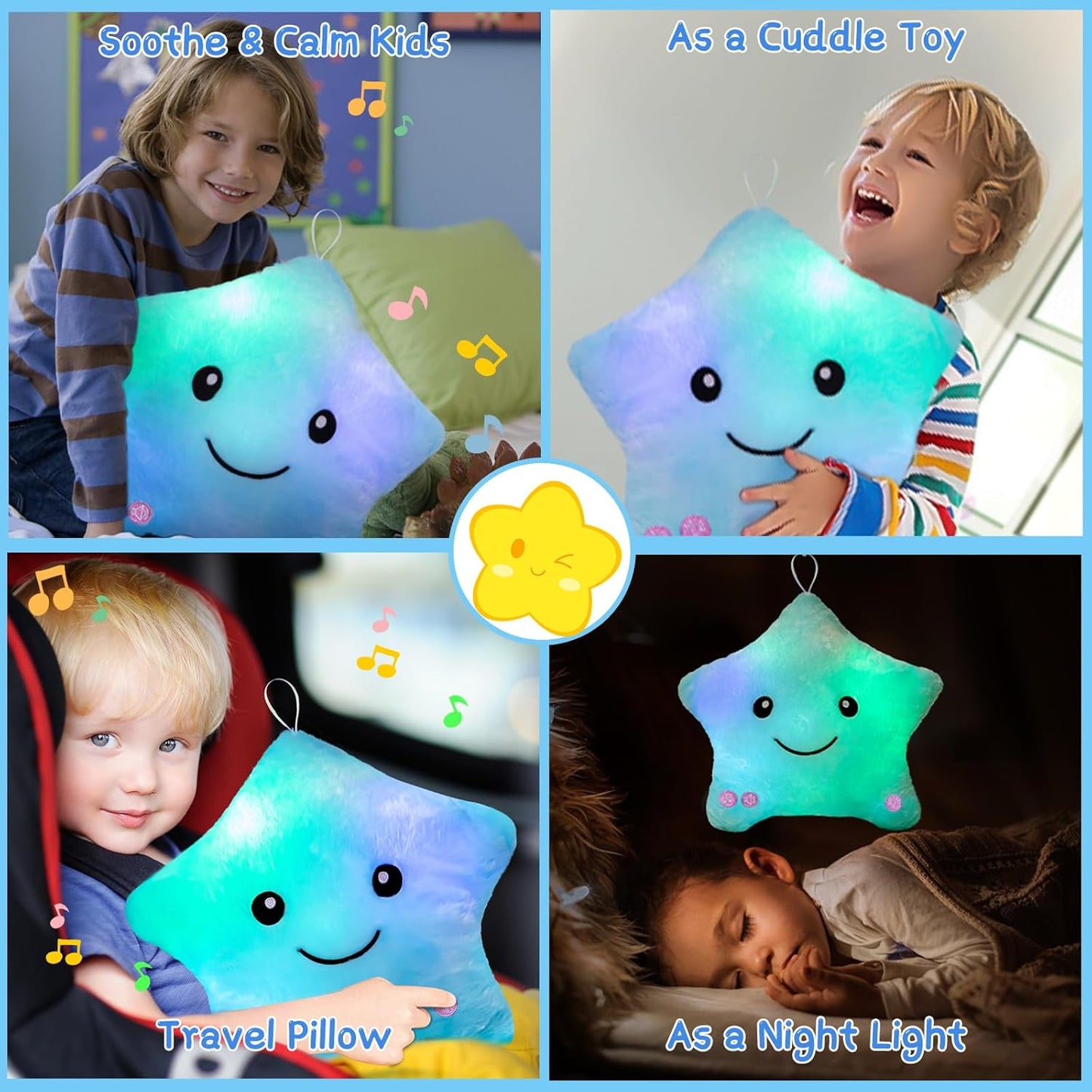 Sensory Toys for Kids with Autism,14" Soft Toddler Pillow with Light &Music,Plush Star Night Light,Light up Adhd Autism Sensory Products,Birthday Xmas Easter Gifts for Boys 3 4 5 6 7 8 9 10 Blue