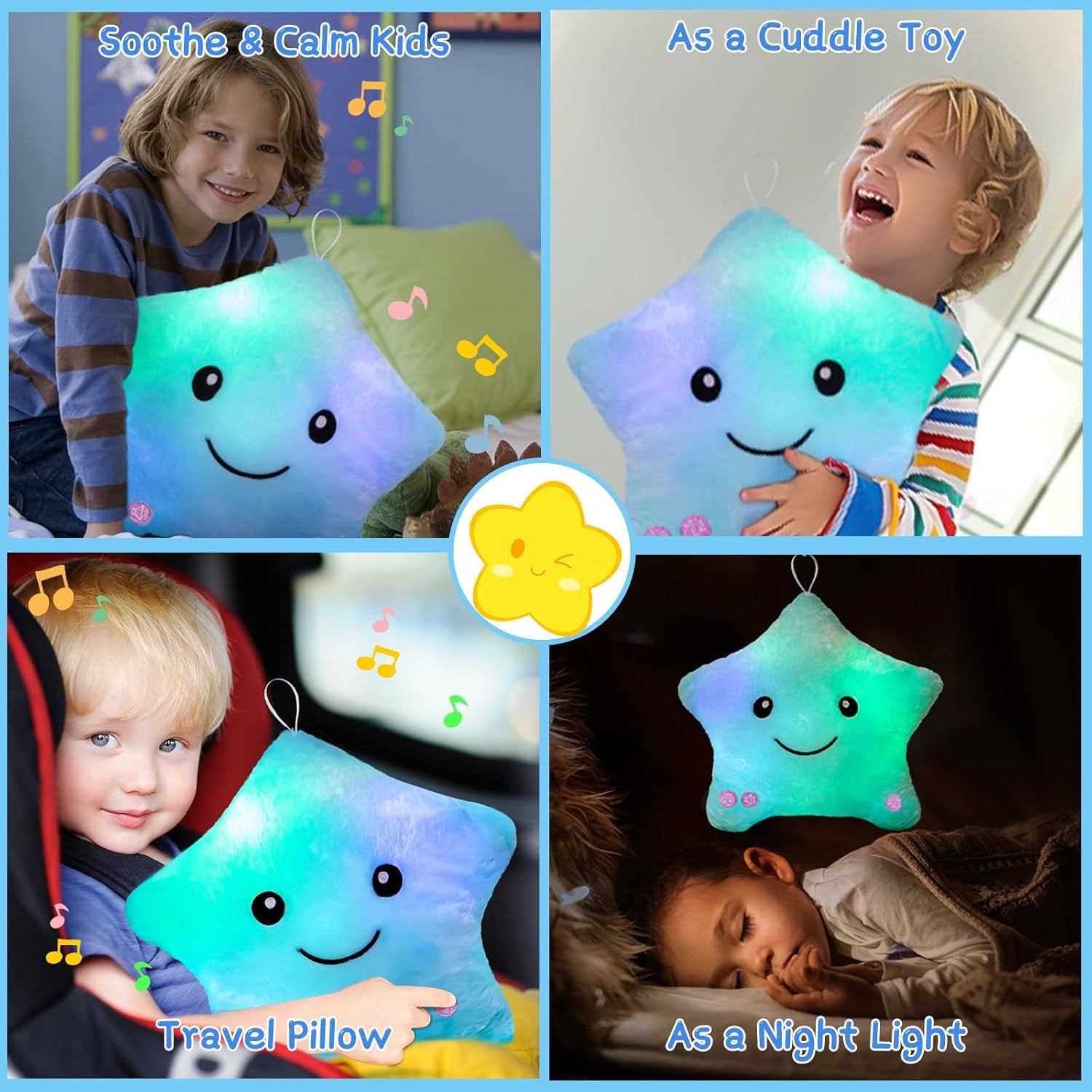 Sensory Toys for Kids with Autism,14" Soft Toddler Pillow with Light &Music,Plush Star Night Light,Light up Adhd Autism Sensory Products,Birthday Xmas Easter Gifts for Boys 3 4 5 6 7 8 9 10 Blue
