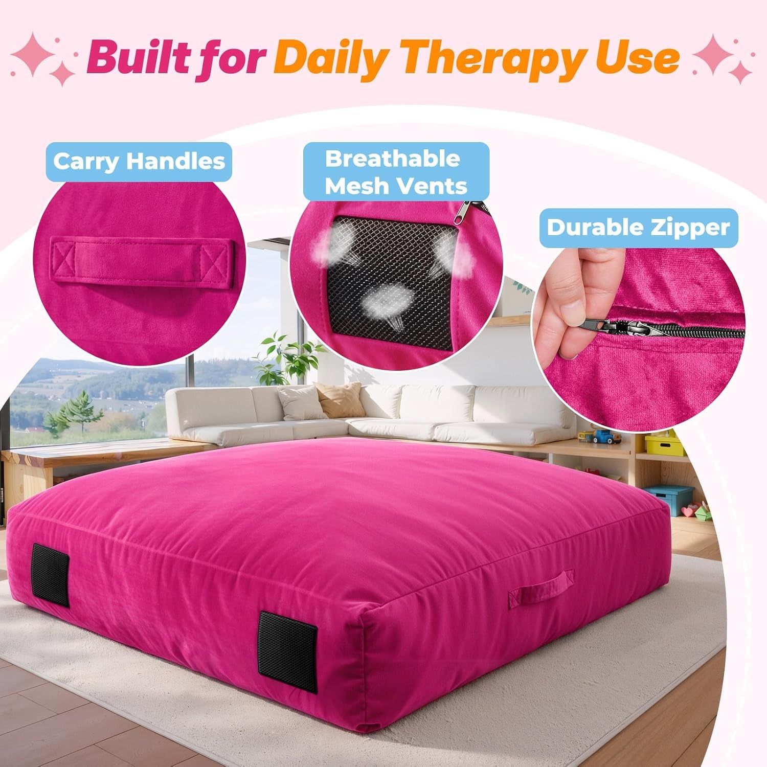 Crash Pad for Kids Sensory – 5'X 5'/ 4'X 4'/ 3'X 4' Autism Sensory Crash Pad & Crash Mat, Soft High Density Foam Landing Pad with Washable Velvet Cover & Handle for Indoor Play & Sensory Gym