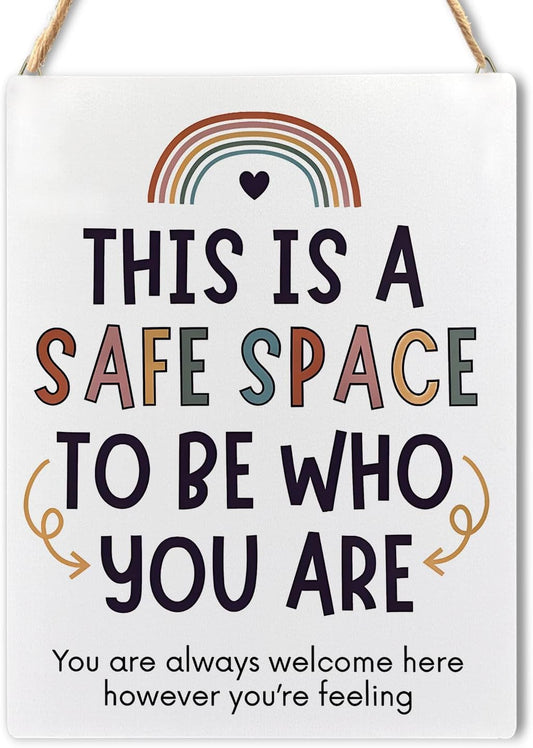 Mental Health Office Decor, Calming Corner Boho Rainbow Safe Space Decor, Mental Health Office Wall Art, This Is a Safe Space to Be Who You Are Wooden Sign, 8X10 Inches