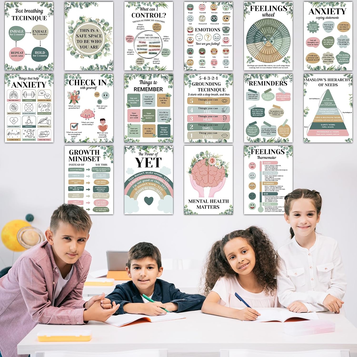 16PCS Eucalyptus Mental Health Posters for Classroom Anxiety Therapy Growth Mindset Inspirational Posters Counseling Therapist Office Must Haves Feeling Wheel Poster Positive Quotes Decor