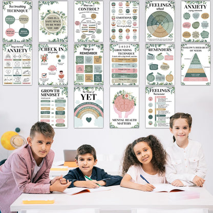 16PCS Eucalyptus Mental Health Posters for Classroom Anxiety Therapy Growth Mindset Inspirational Posters Counseling Therapist Office Must Haves Feeling Wheel Poster Positive Quotes Decor