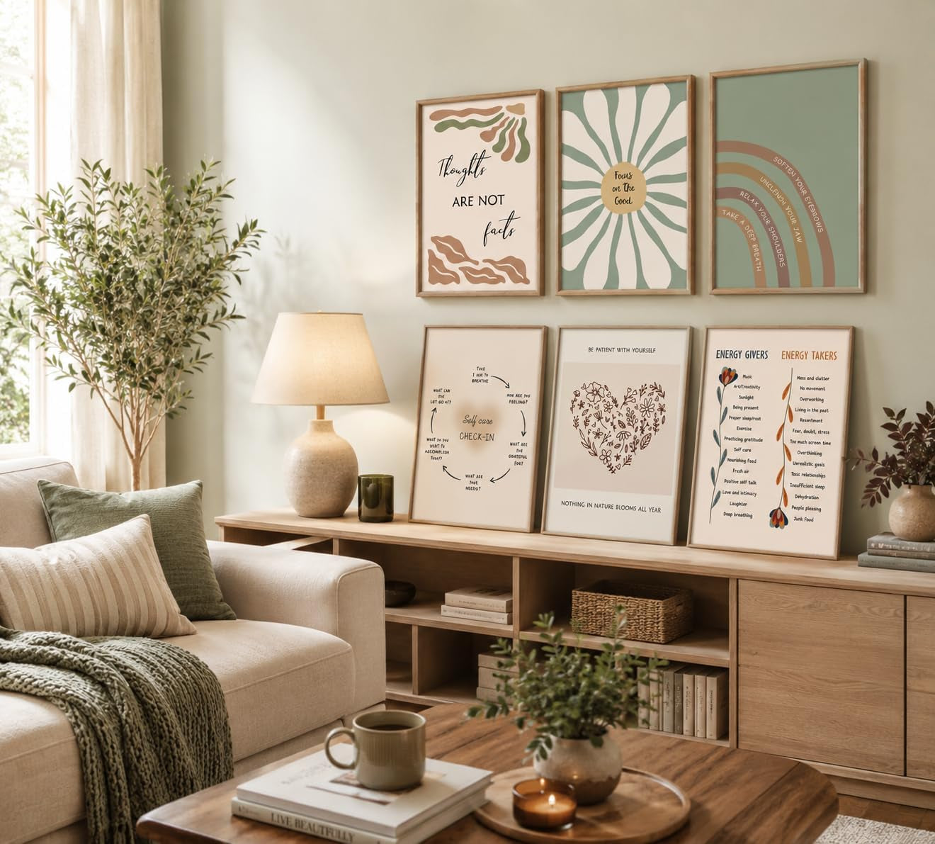 Set of 6 Mental Health Motivational Posters - Boho-Inspired Psychology Wall Art for Classroom, Office, and Home Décor - Inspirational Positive Quotes Canvas Prints (8x10 Inches, Unframed)