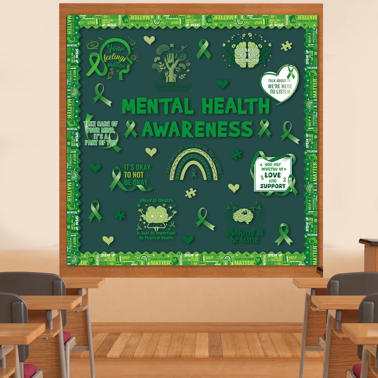 Mental Health Classroom Decorations - Mental Health Awareness Bulletin Board Decorations, Positive Motivational Cutouts Therapy Bulletin Board Set, Green Ribbon School Office Wall Decor