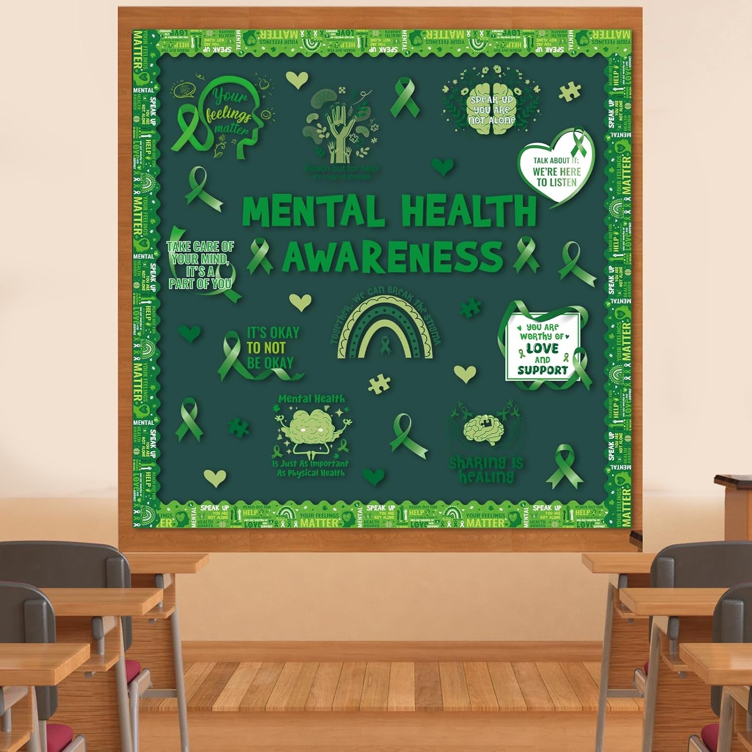 Mental Health Classroom Decorations - Mental Health Awareness Bulletin Board Decorations, Positive Motivational Cutouts Therapy Bulletin Board Set, Green Ribbon School Office Wall Decor