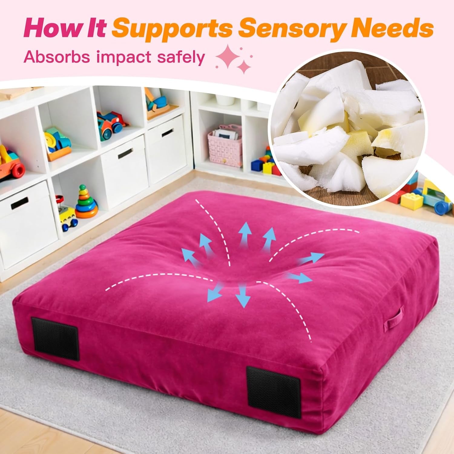 Crash Pad for Kids Sensory – 5'X 5'/ 4'X 4'/ 3'X 4' Autism Sensory Crash Pad & Crash Mat, Soft High Density Foam Landing Pad with Washable Velvet Cover & Handle for Indoor Play & Sensory Gym