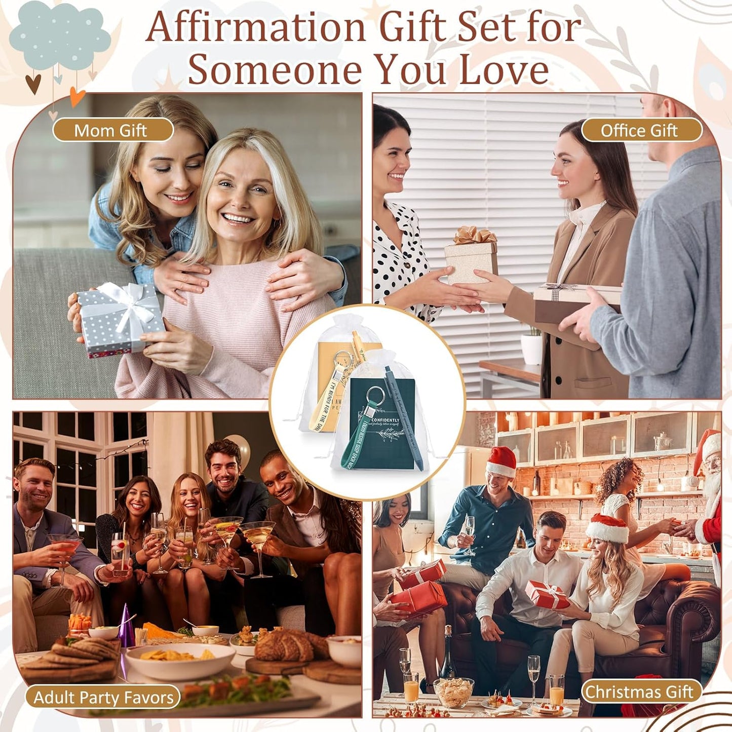 48-Piece Positive Affirmation Gift Set: Gratitude Notebooks, Pens, Keychains, and Small Bags - Motivational Party Favors for Adult Women, Coworkers, and Employee Groups (Vibrant)